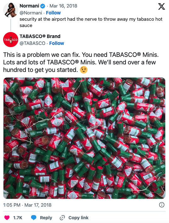 Tabasco bottles were sent to an influencer after security airport seized them