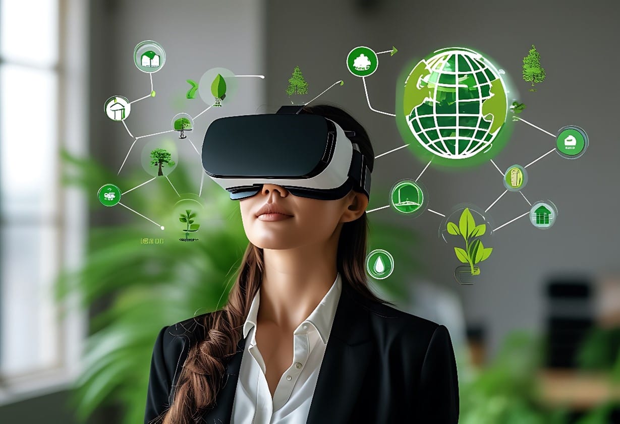 Elementos visuales en el metaverso que representan la innovación responsable en el branding.