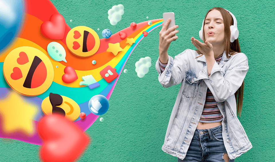Joven con auriculares usando su smartphone mientras emojis, corazones y reacciones digitales emergen en colores brillantes, simbolizando interacción y comunicación en redes sociales.