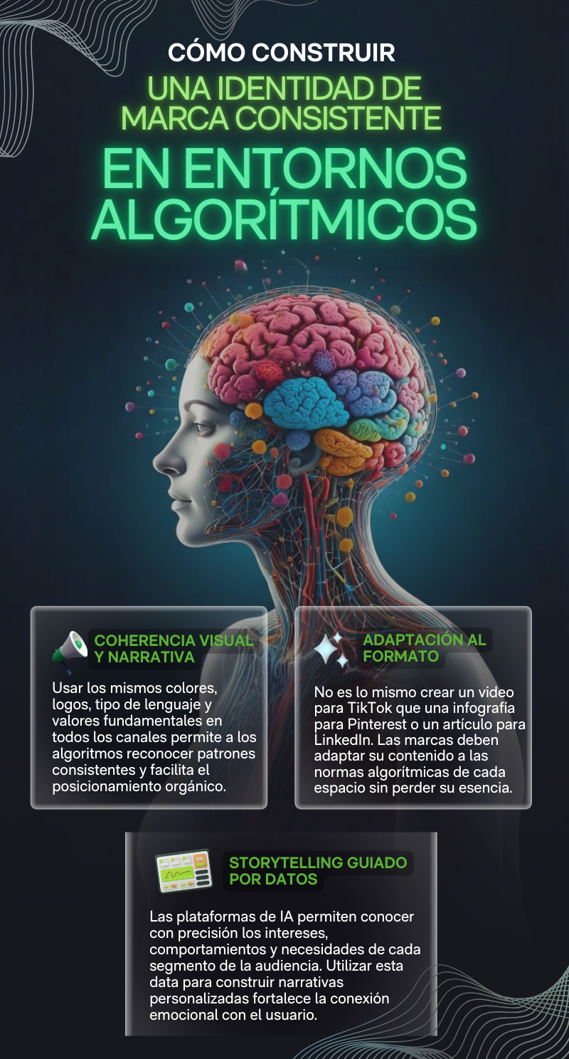 Infografía con cerebro digital que explica cómo construir una identidad de marca consistente en entornos algorítmicos mediante coherencia visual, adaptación al formato y storytelling guiado por datos.
