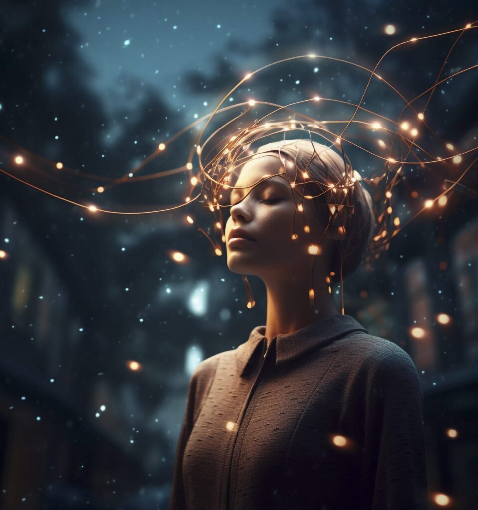 Persona con ojos cerrados rodeada de luces digitales futuristas que evocan creatividad e innovación tecnológica