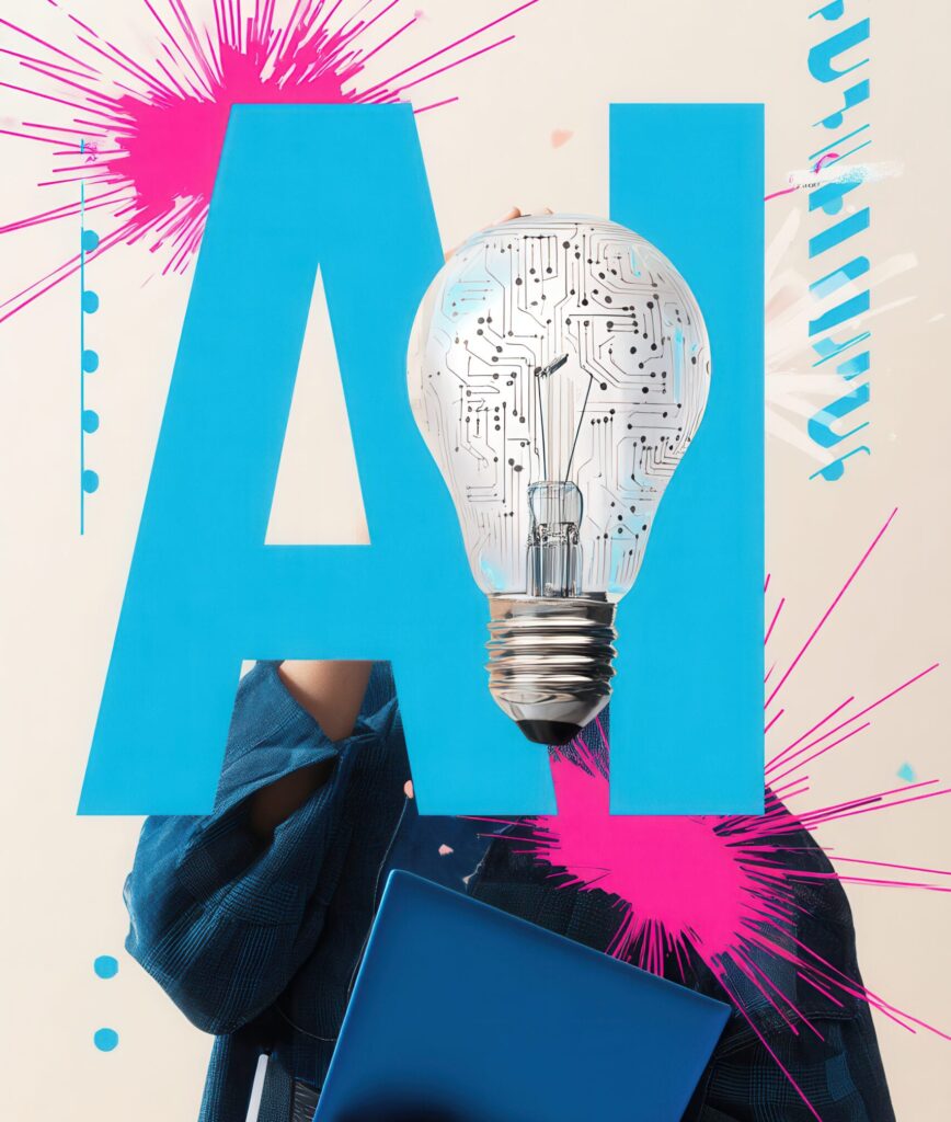 Bombilla digital integrada en letras de IA que simboliza innovación en branding