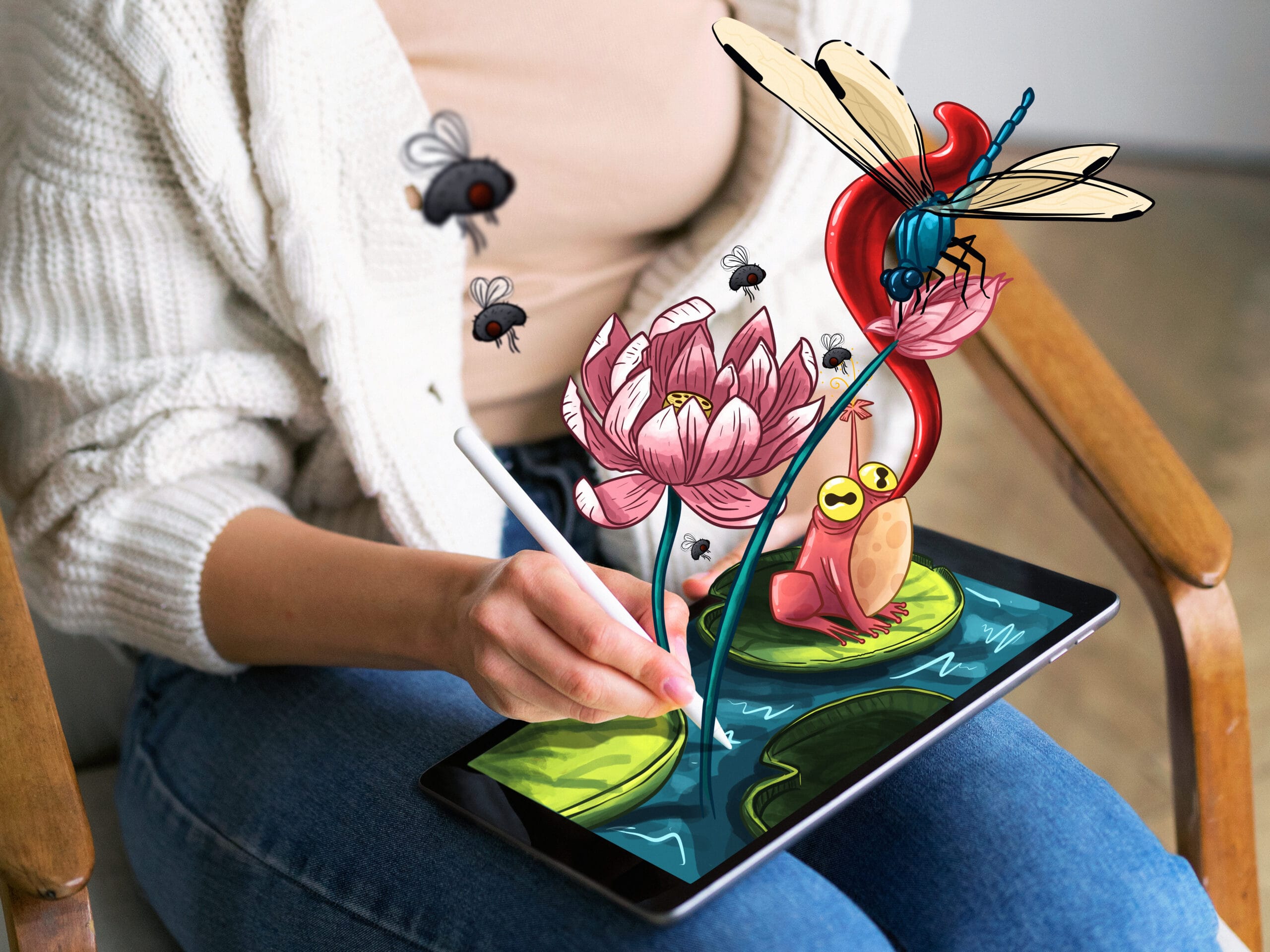 Persona dibujando en un iPad con ilustraciones que parecen cobrar vida en 3D.