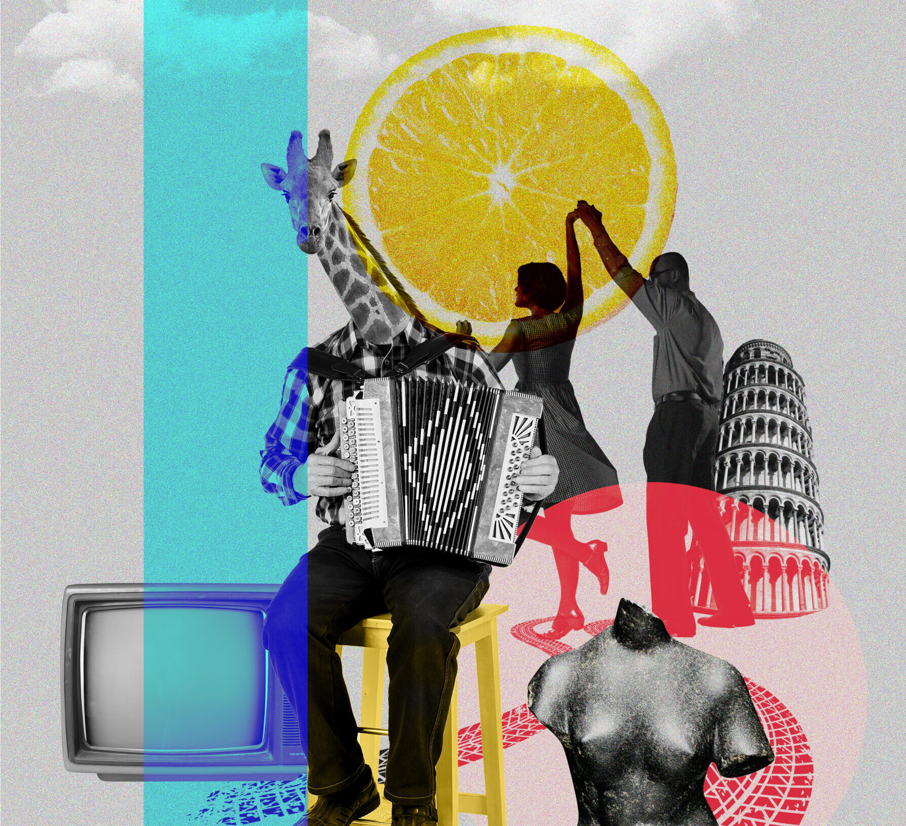 Collage artístico con elementos culturales y surrealistas que representan la diversidad y creatividad global.