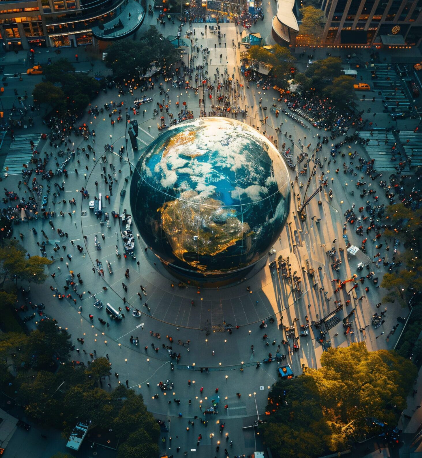 Vista aérea de una plaza con una esfera terrestre iluminada y personas conectadas alrededor, simbolizando la unión global y la conexión humana.