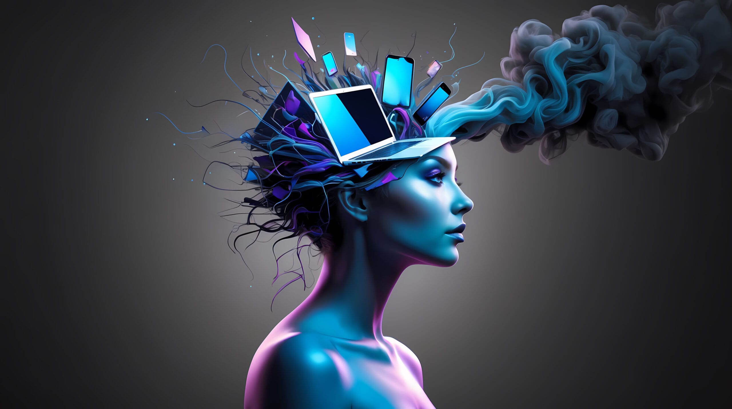 Arte digital de una figura con dispositivos tecnológicos emergiendo de su mente