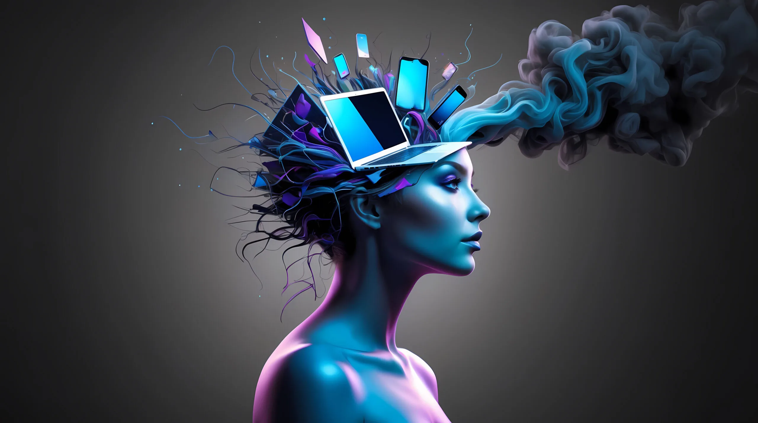 Arte digital de una figura con dispositivos tecnológicos emergiendo de su mente