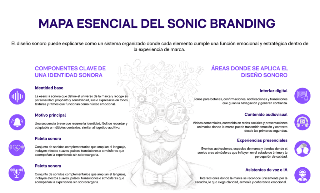 Infografía que explica elementos clave del diseño sonoro.