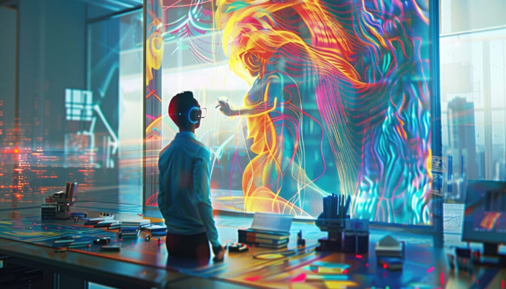 Creativo interactuando con representación visual generada por inteligencia artificial